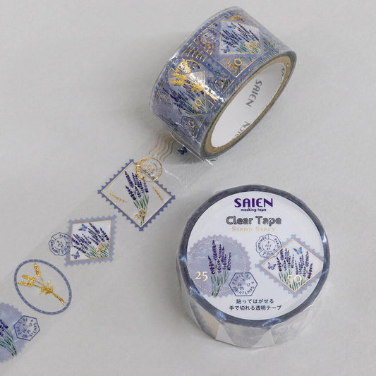 Roll of decorative tape with lavender design on a white background