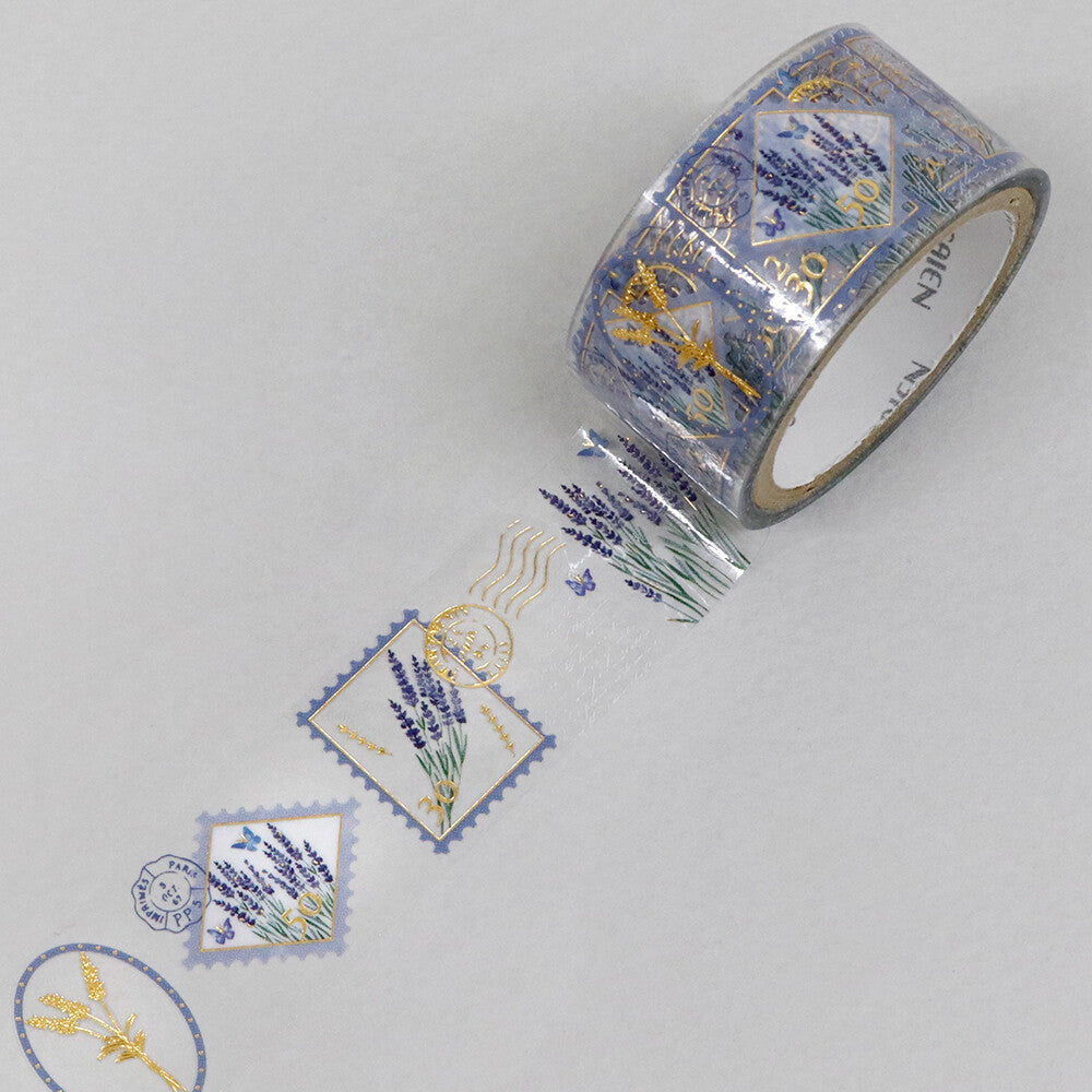 Decorative tape with lavender and postcard designs on a light gray background