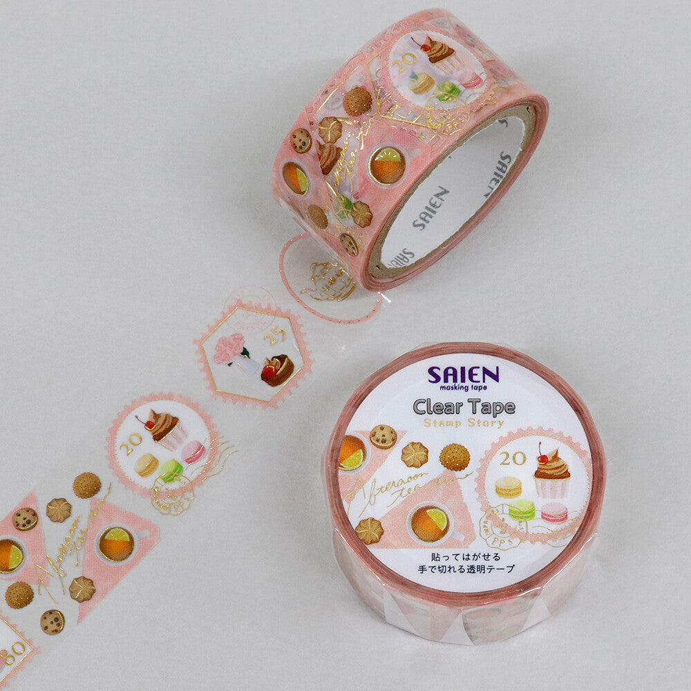 Two rolls of 'SAIEN' clear tape with decorative designs on a white background