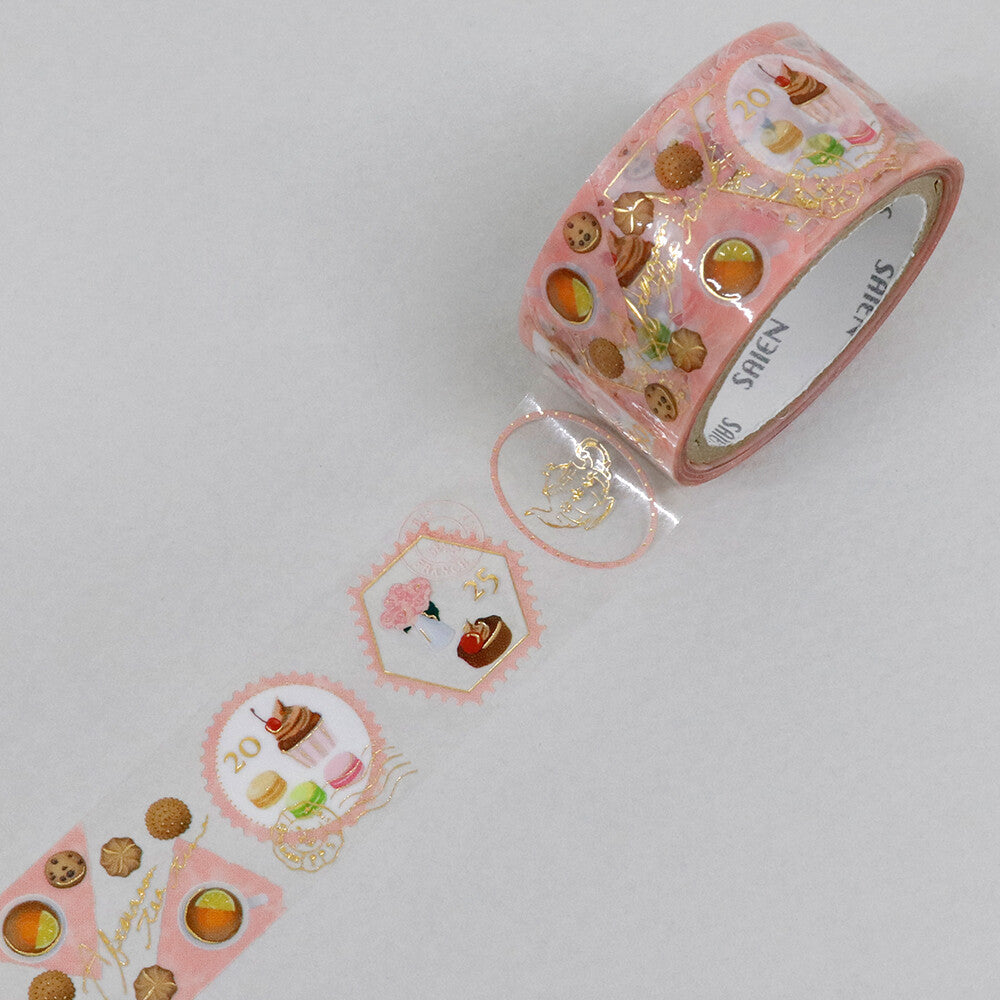 Decorative washi tape with food-themed stickers on a white background