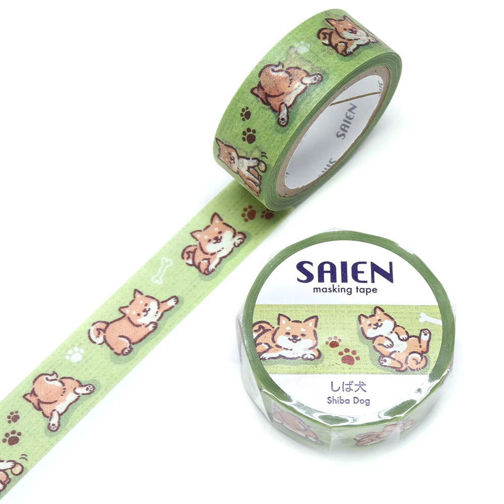 Washi tape roll with Shiba dog decoration on a white background