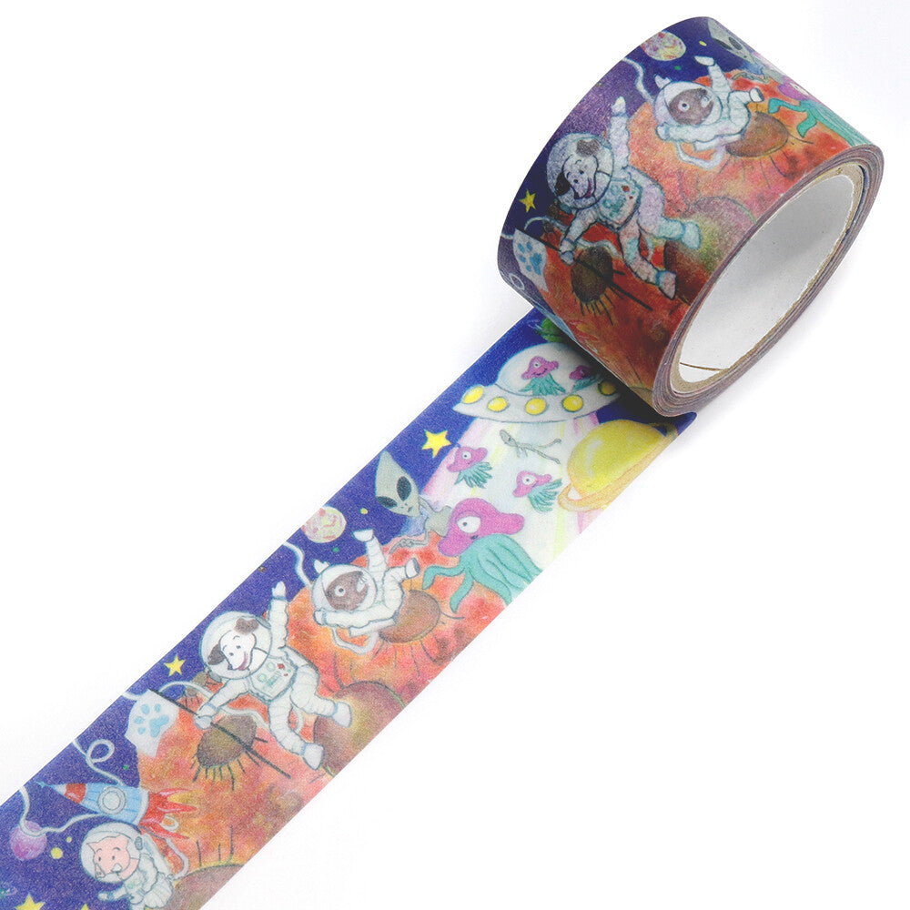 Decorative tape with space-themed design featuring astronauts and planets on a white background