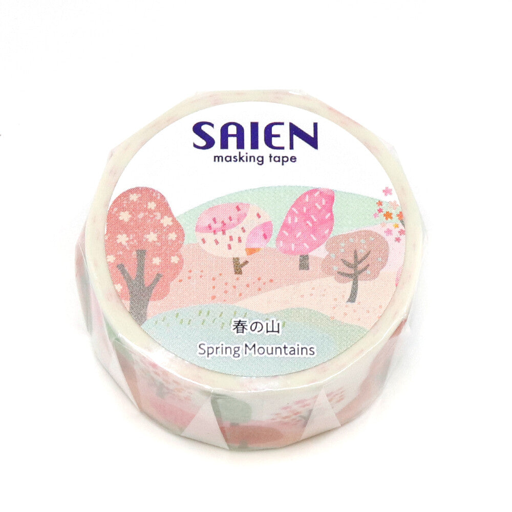 Roll of SAIEN masking tape with 'Spring Mountains' design on a white background