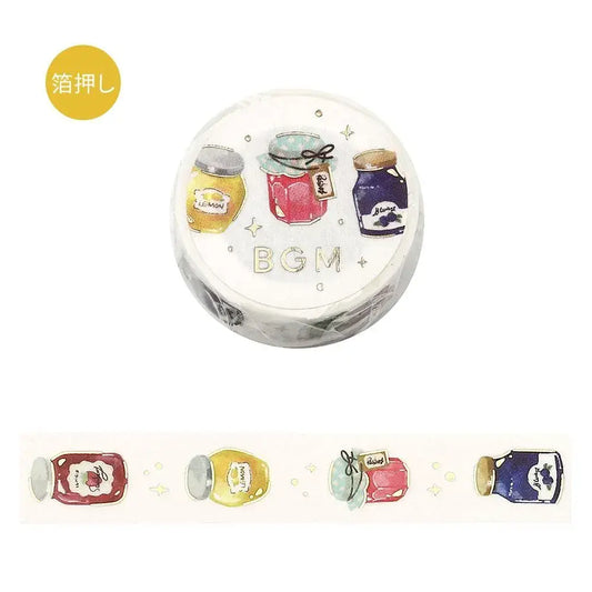 Roll of washi tape with jam decorations in different flavours with gold foil on a white background