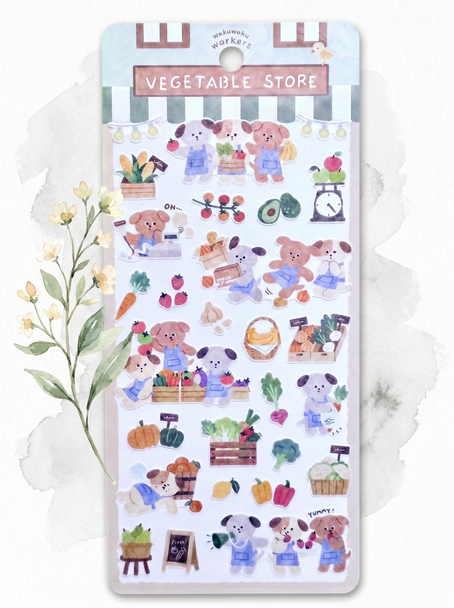 Pack of stickers with cartoon characters and vegetables on a white background