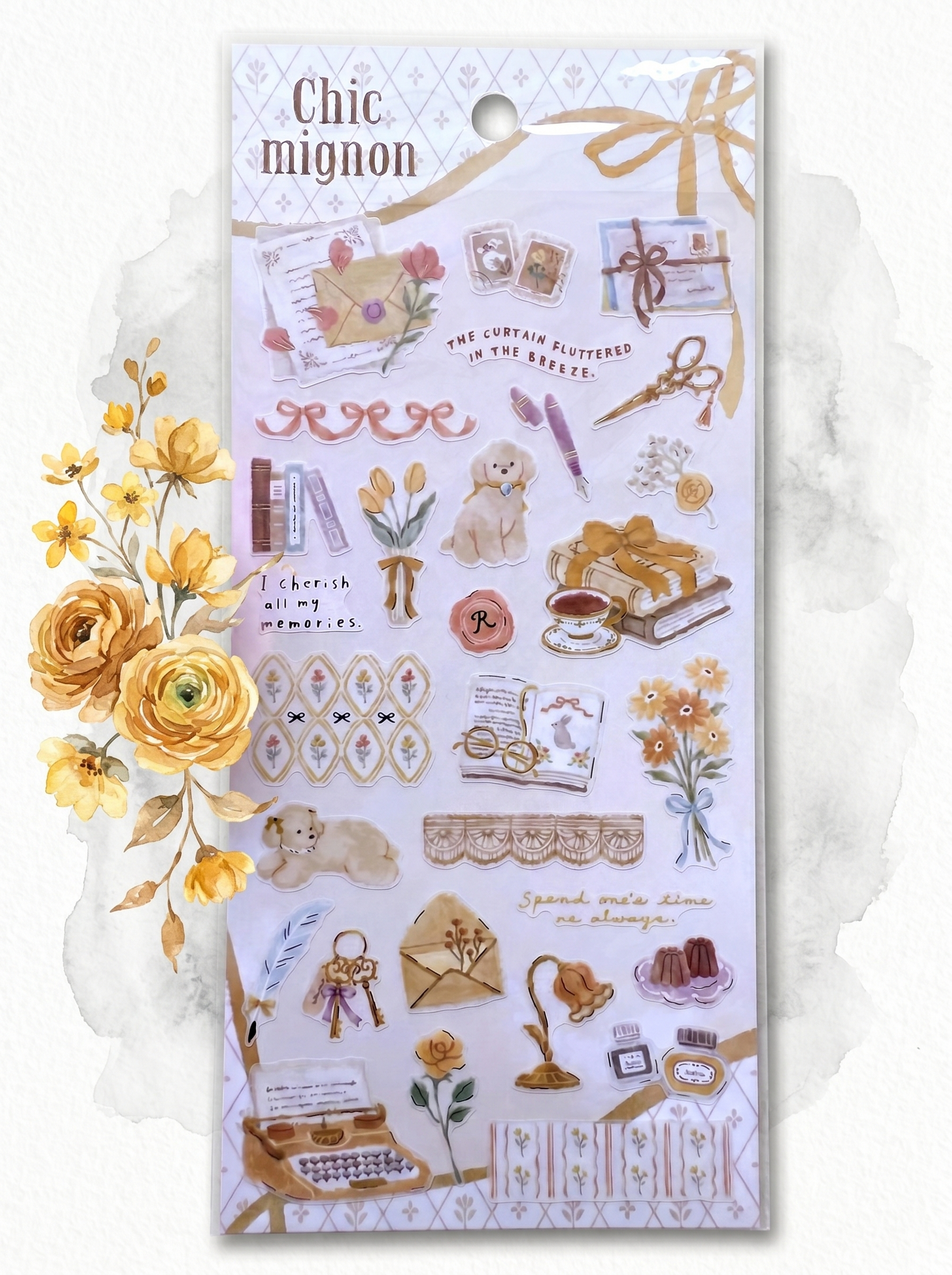 Packaging of decorative stickers with illustrations and text, featuring the brand 'Chic mignon'.
