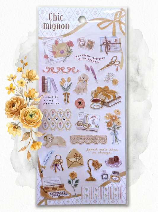 Packaging of decorative stickers with illustrations and text, featuring the brand 'Chic mignon'.
