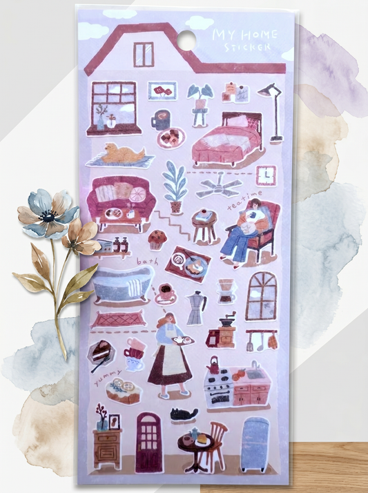 Pack of decorative stickers with illustrations of a house and its inhabitants on a light blue background.