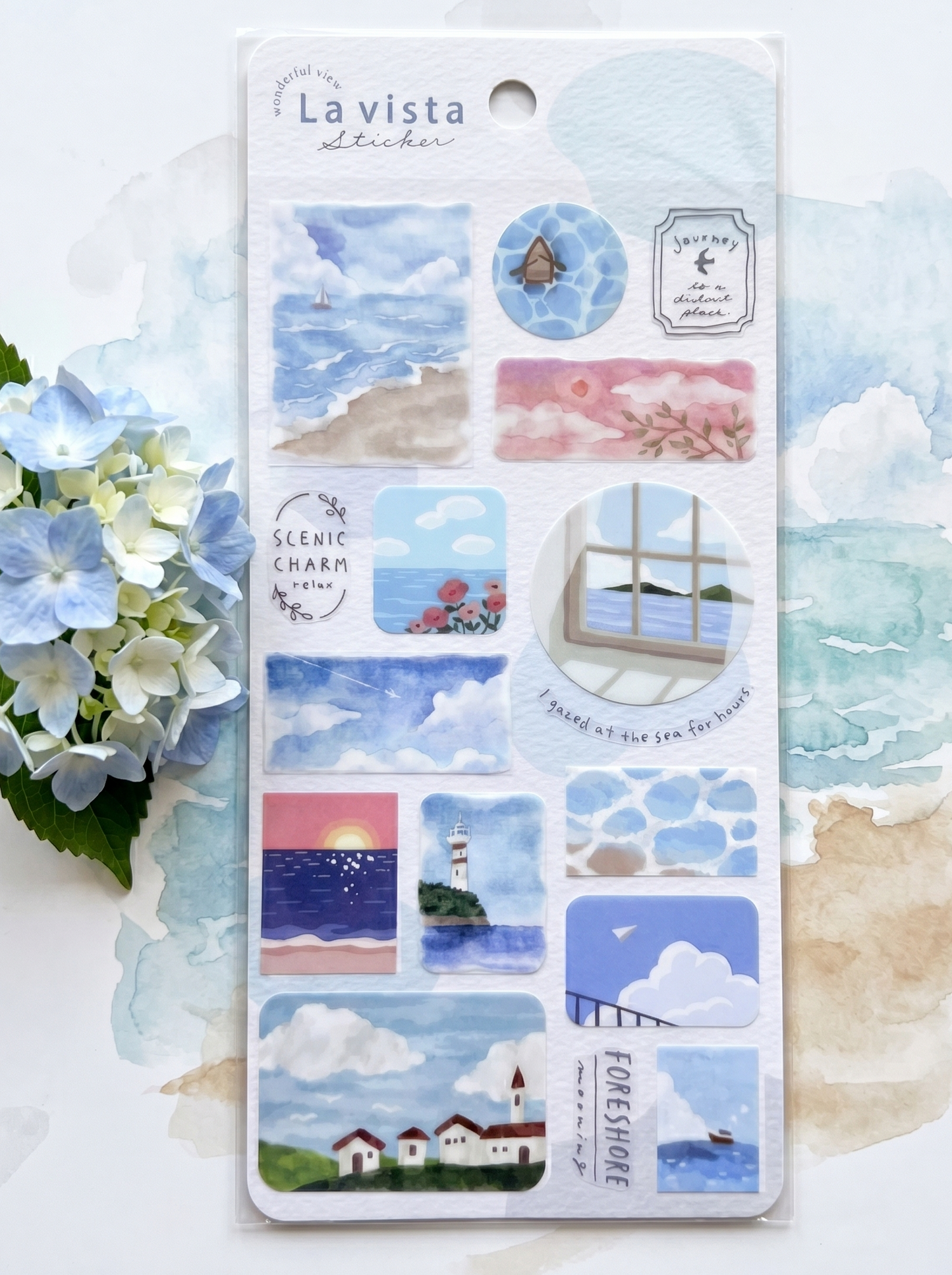 Pack of La Vista stickers with scenic designs on a white background