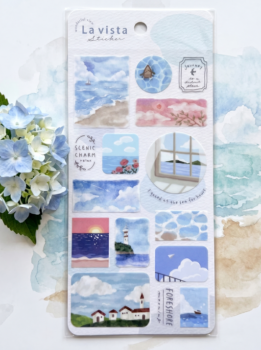 Pack of La Vista stickers with scenic designs on a white background