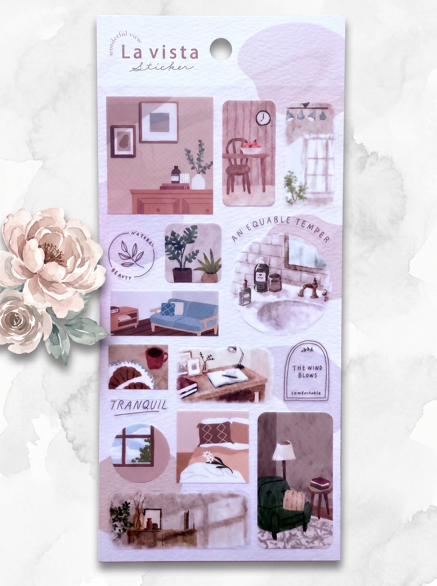 Pack of decorative stickers with room illustrations and 'La Vista' branding on a white background.