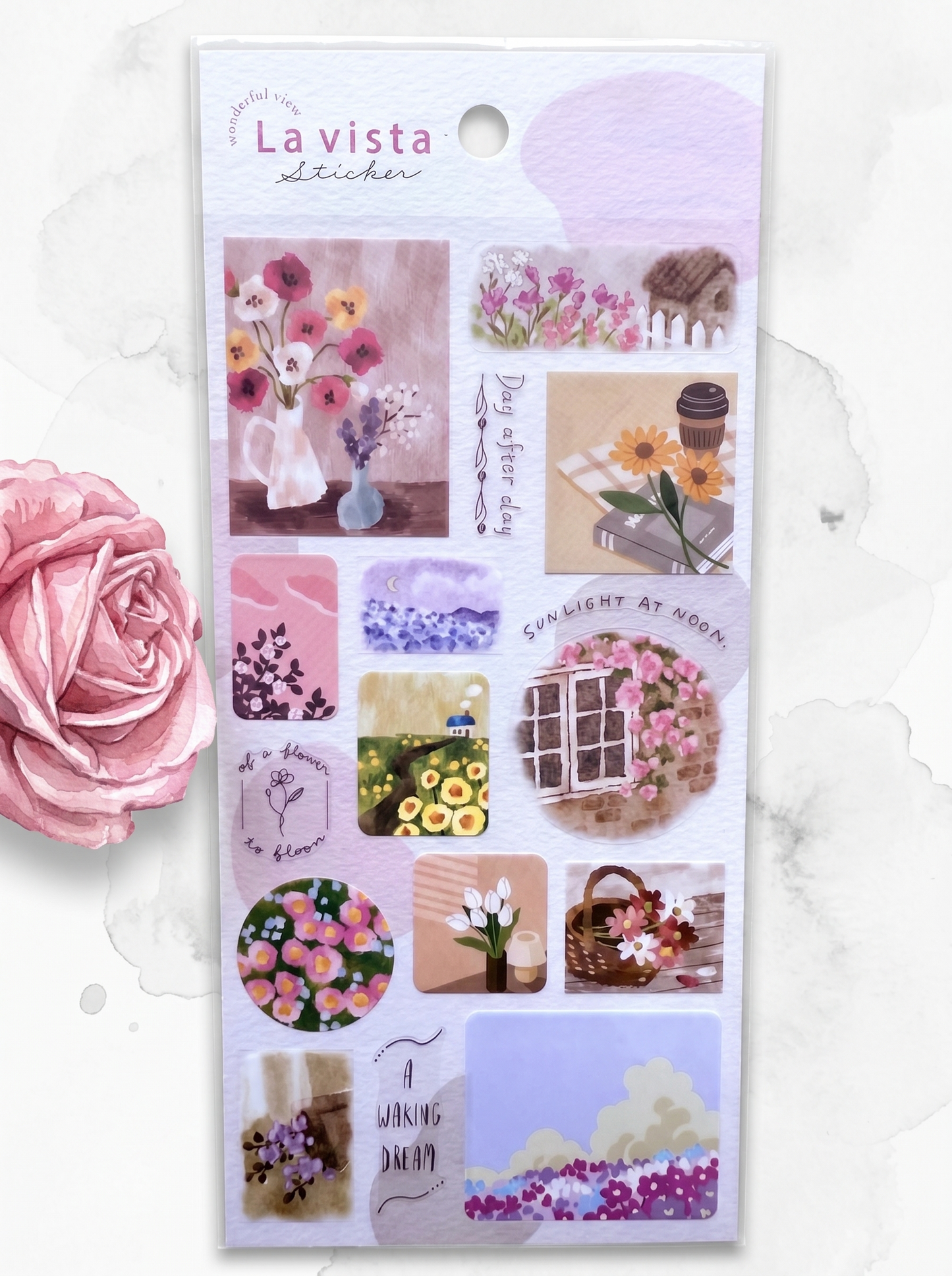 Sticker sheet with floral and nature-themed designs by La Vista on a white background.