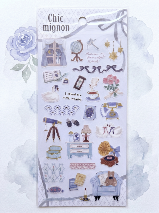 Pack of decorative stickers with illustrations on a white background, featuring the brand 'Chic mignon'.