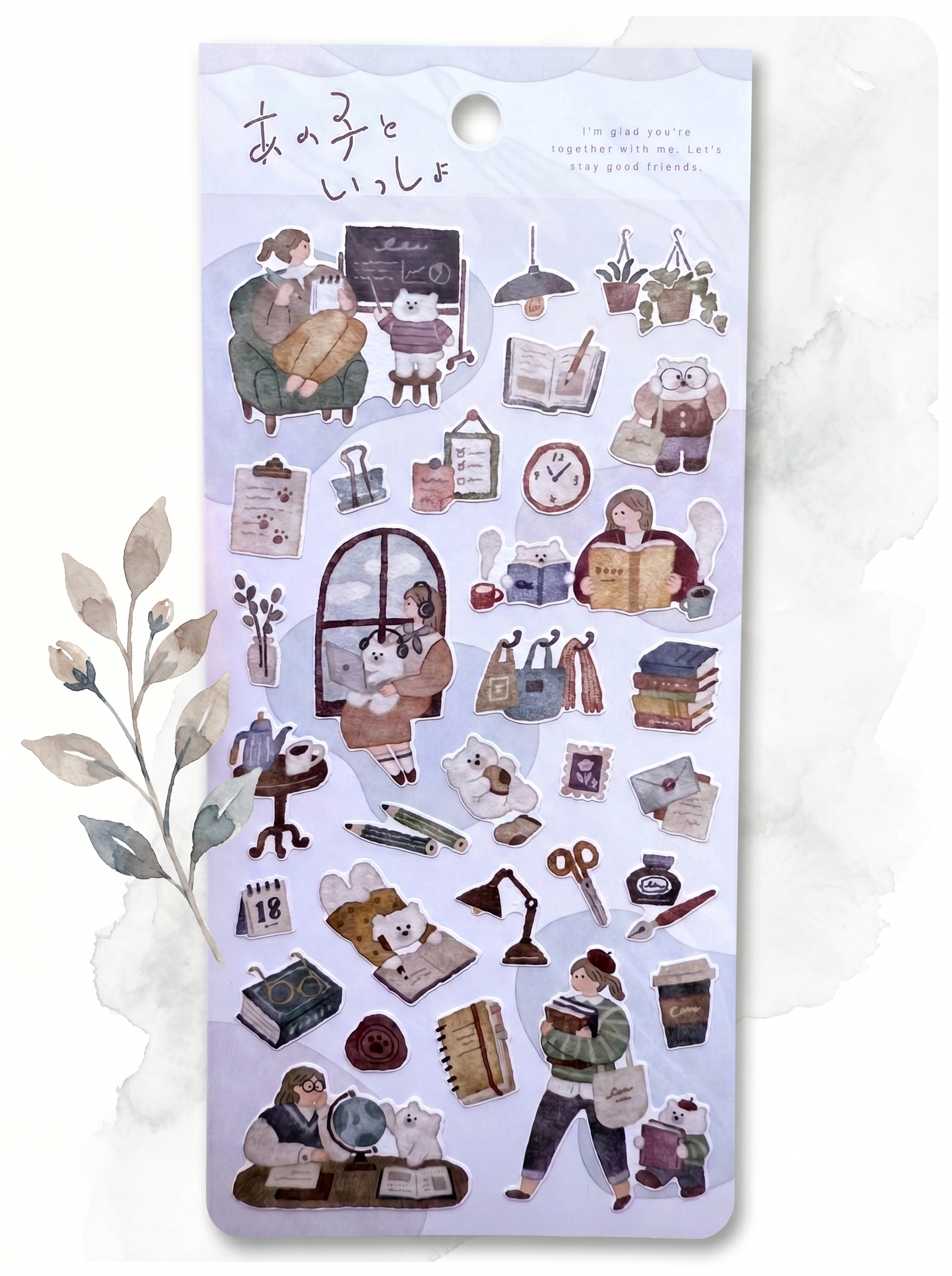 Sticker sheet with illustrated characters and objects on a white background