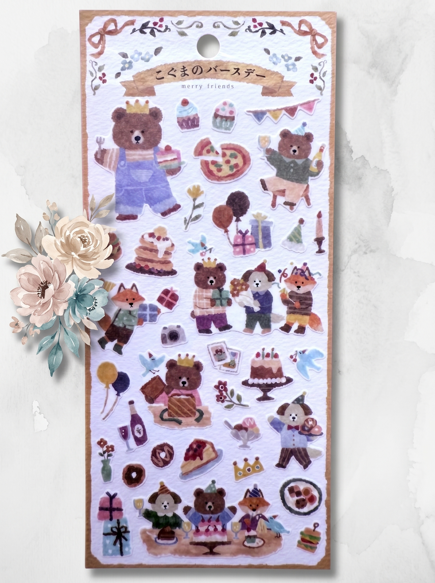 Sheet of decorative stickers with cartoon bears and various items on a white background.