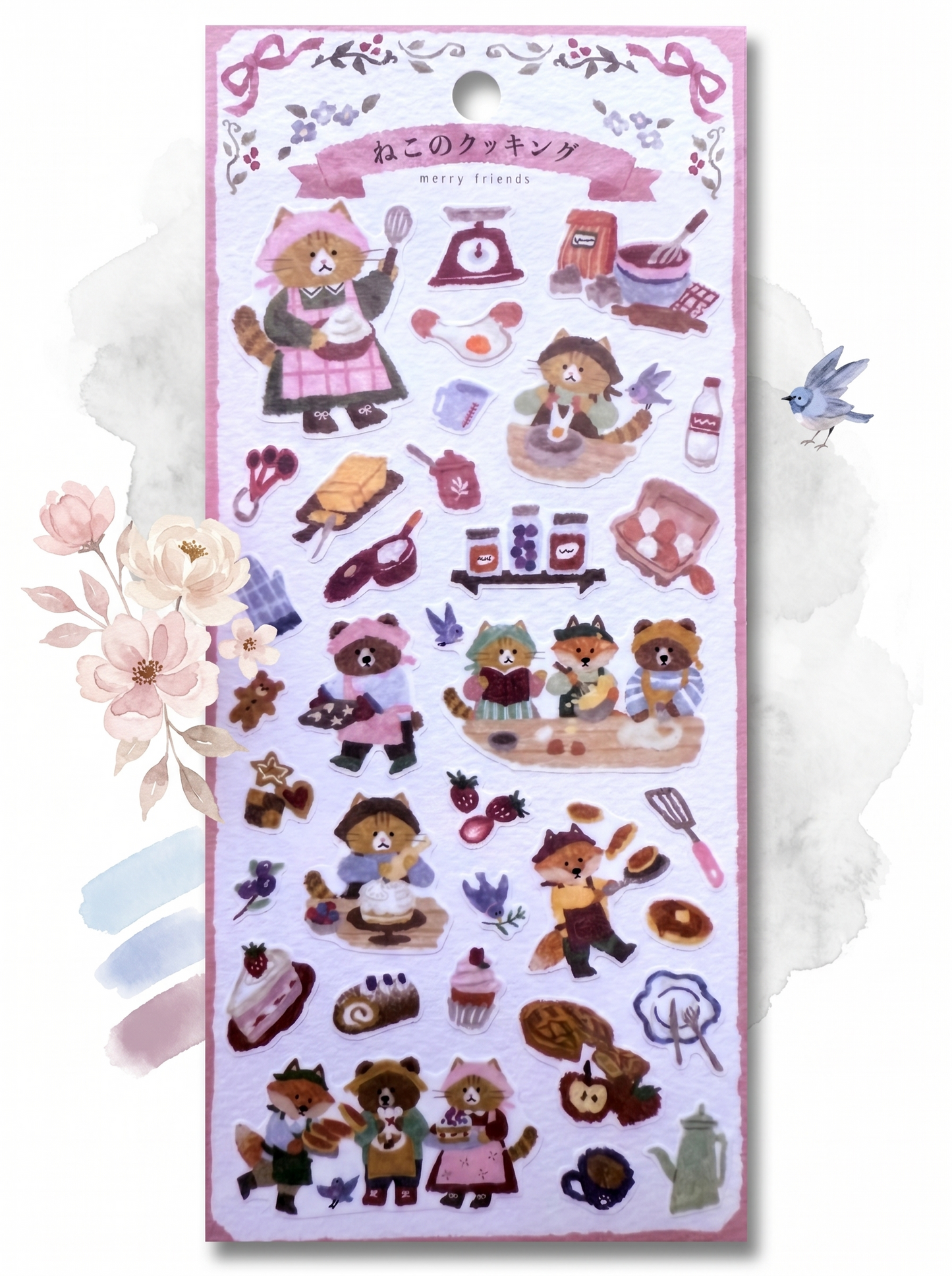 Sticker sheet with cartoon characters and food items on a pink background