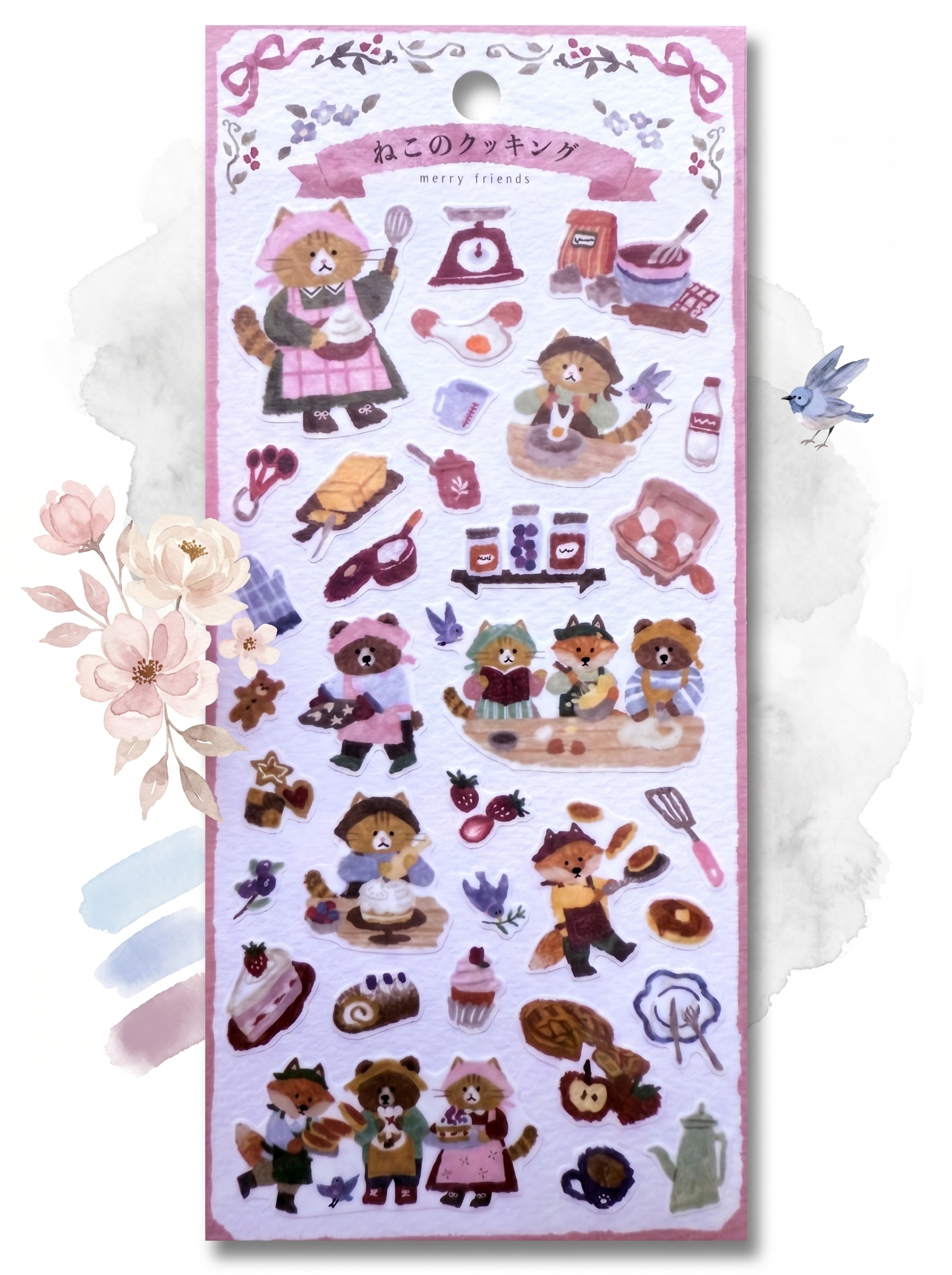 Sticker sheet with cartoon characters and food items on a pink background
