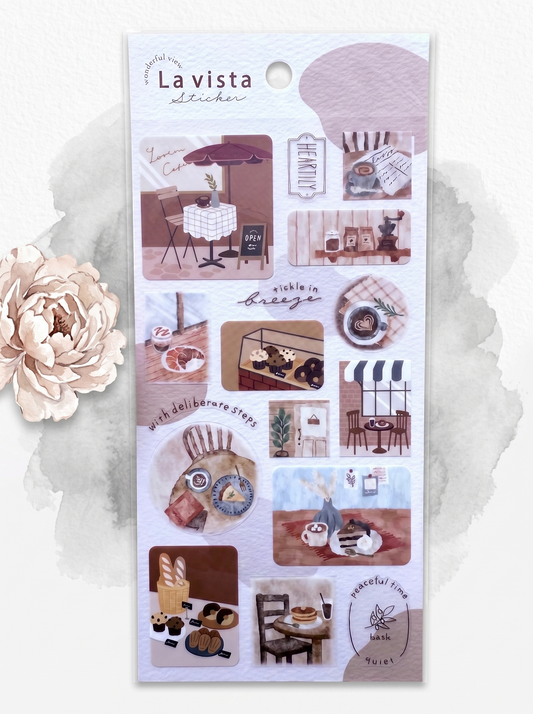 Packaging of 'La Vista' stickers with scenic illustrations on a white background.