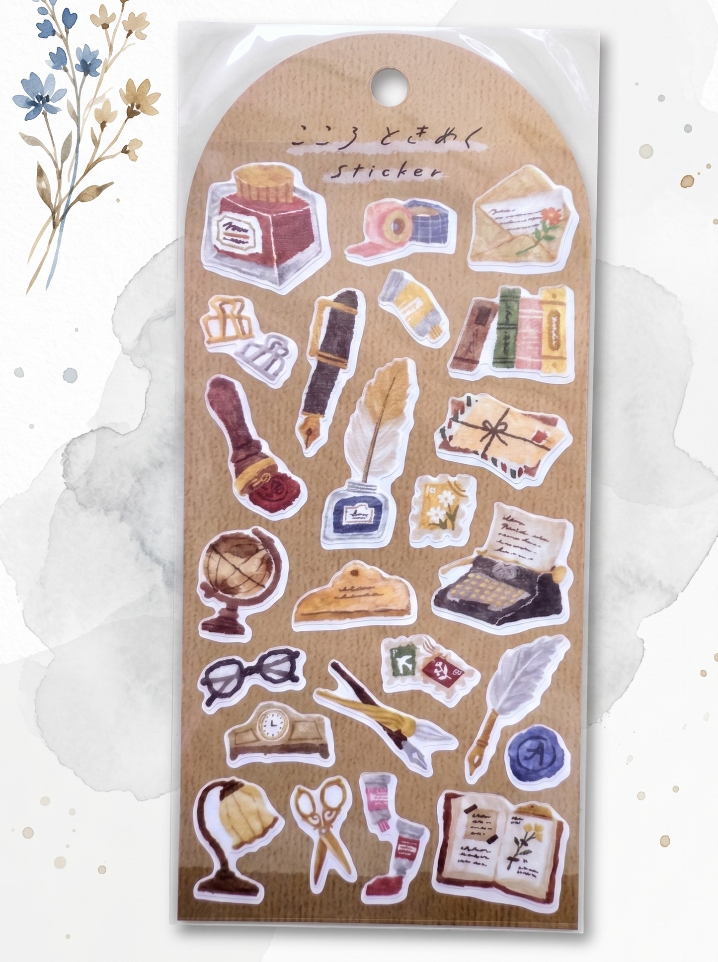 Packaged sticker with vintage-themed illustrations on a white background