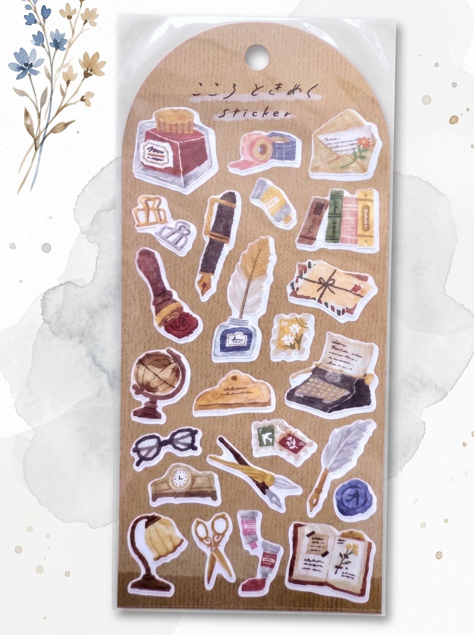 Packaged sticker with vintage-themed illustrations on a white background
