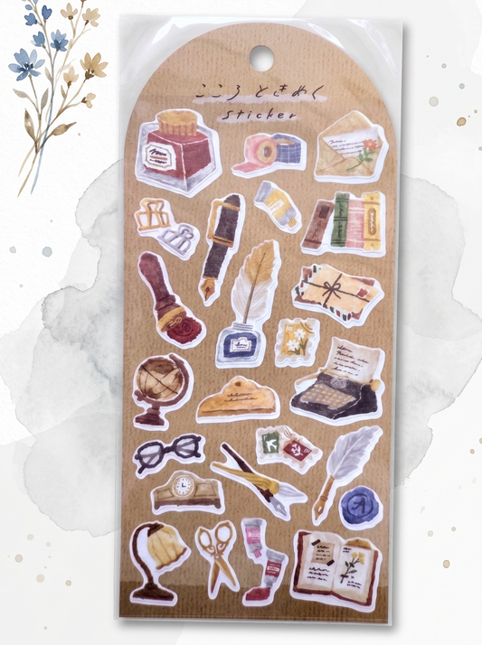Packaged sticker with vintage-themed illustrations on a white background
