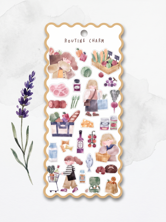 Sticker sheet with illustrations of daily routine activities on a white background