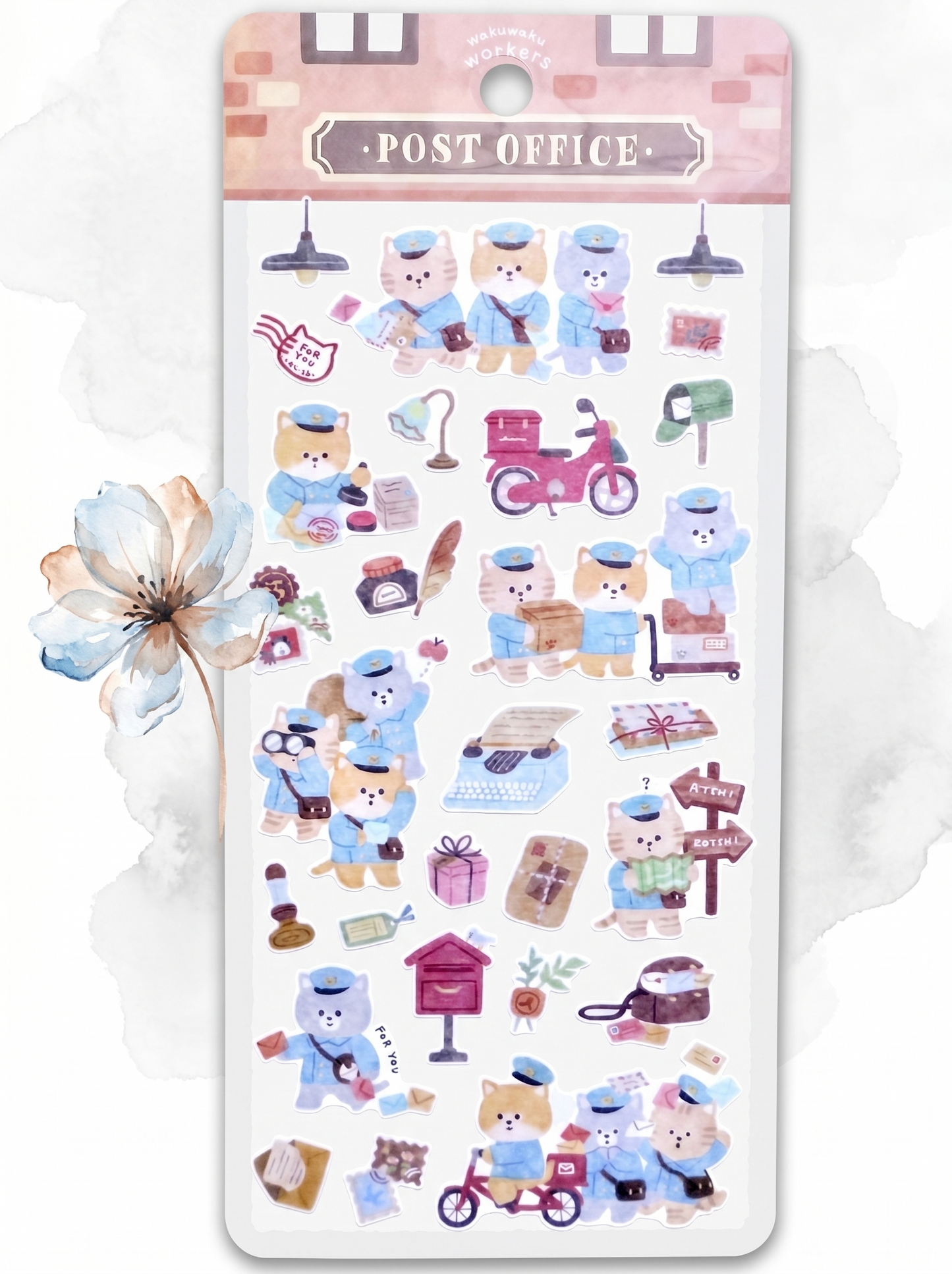 Sheet of decorative stickers with cartoon characters and 'Post Office' theme on a white background.