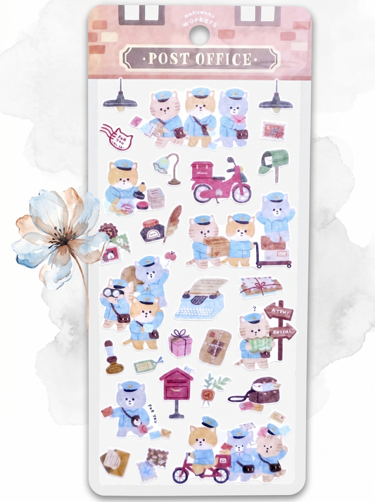 Sheet of decorative stickers with cartoon characters and 'Post Office' theme on a white background.