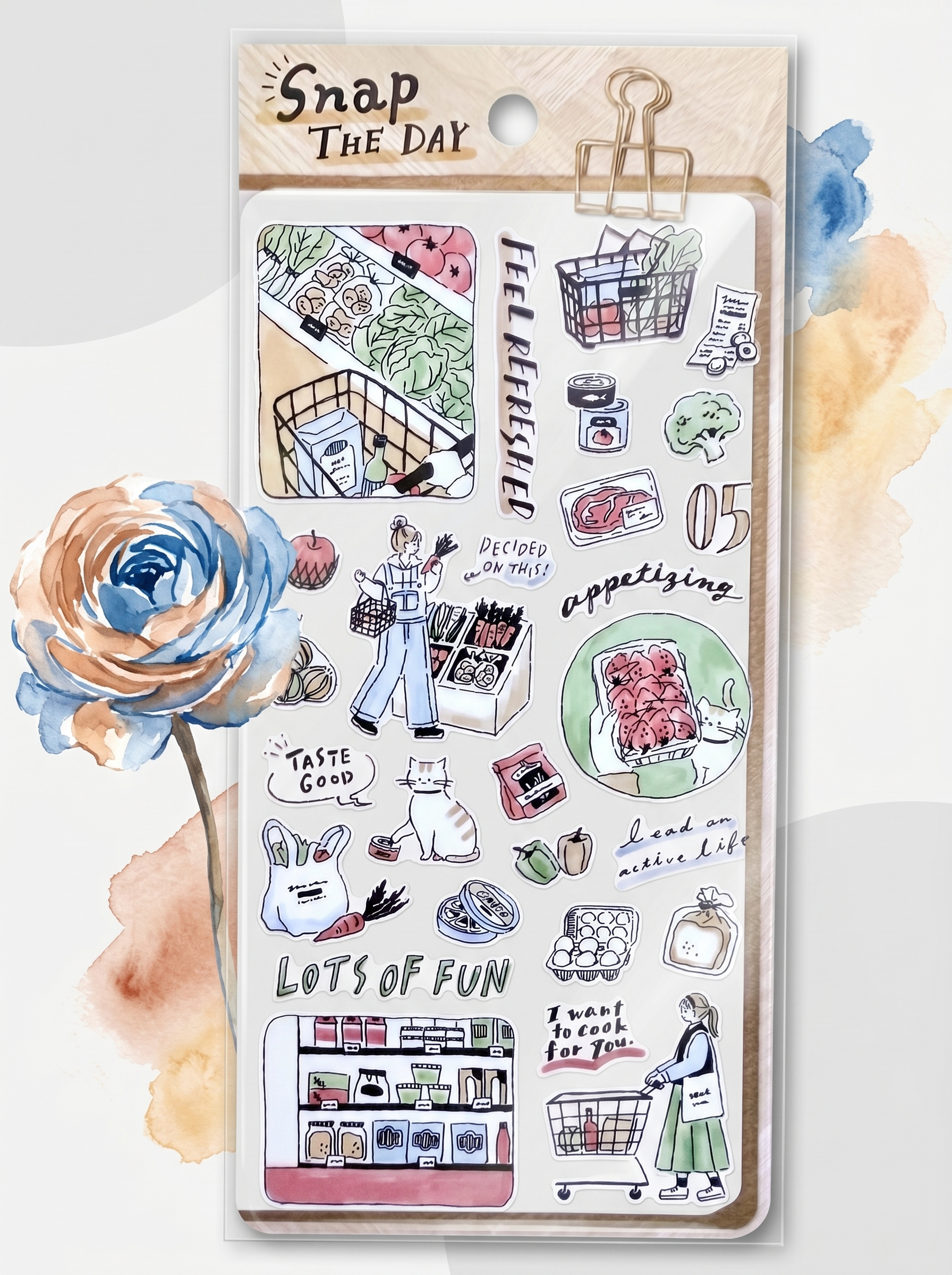 Sticker sheet with illustrations and text on a white background