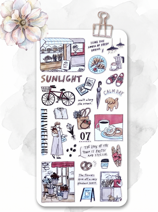 Sticker sheet with various illustrations and text on a white background