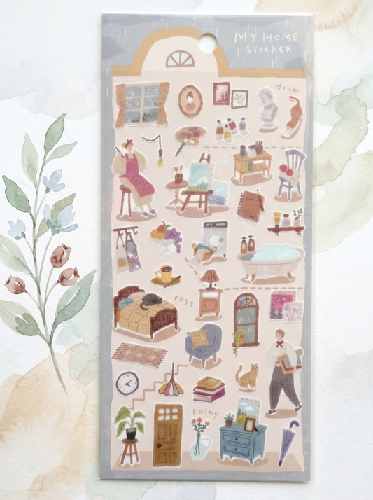 Pack of decorative stickers with illustrations of home interior scenes on a light background.