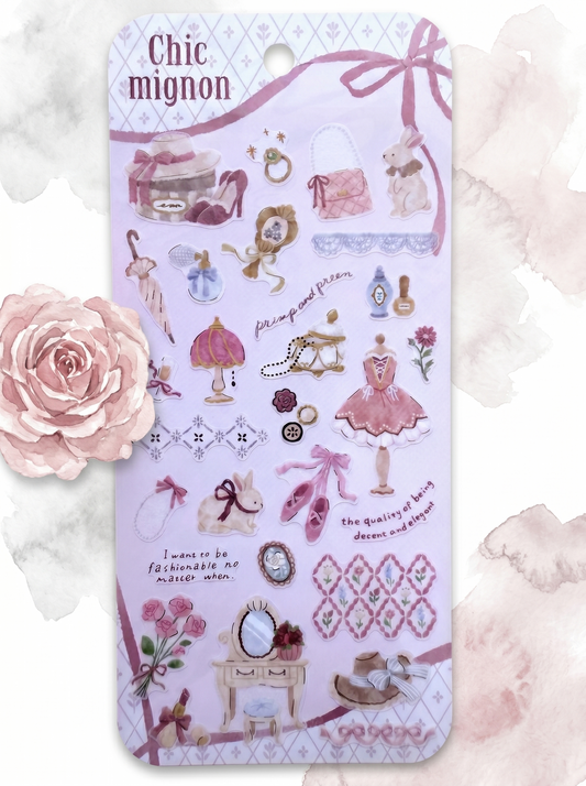 Sheet of decorative stickers with illustrations and text on a pink background, featuring the brand 'Chic mignon'.