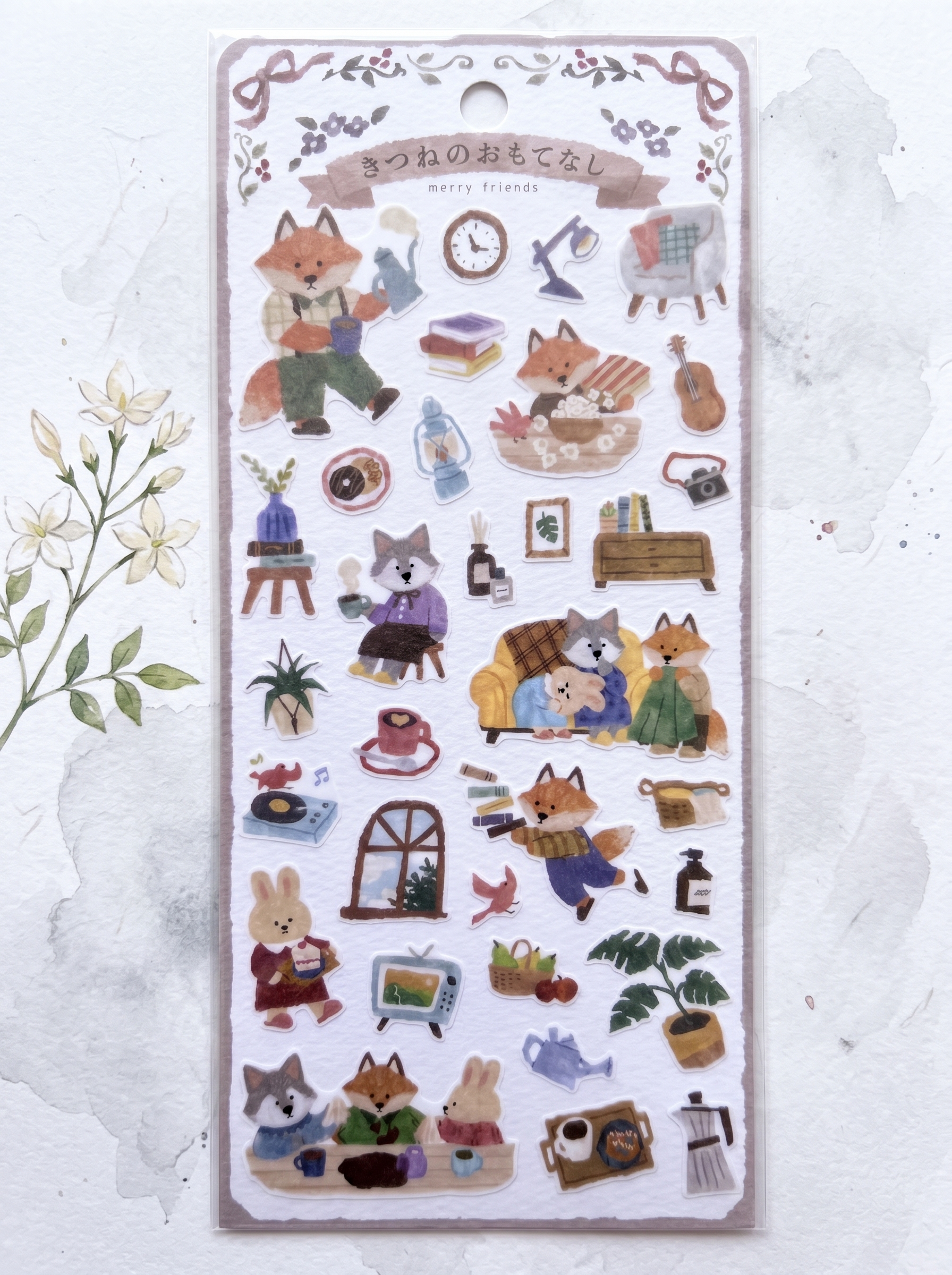Sheet of decorative stickers with cartoon animals and objects on a white background