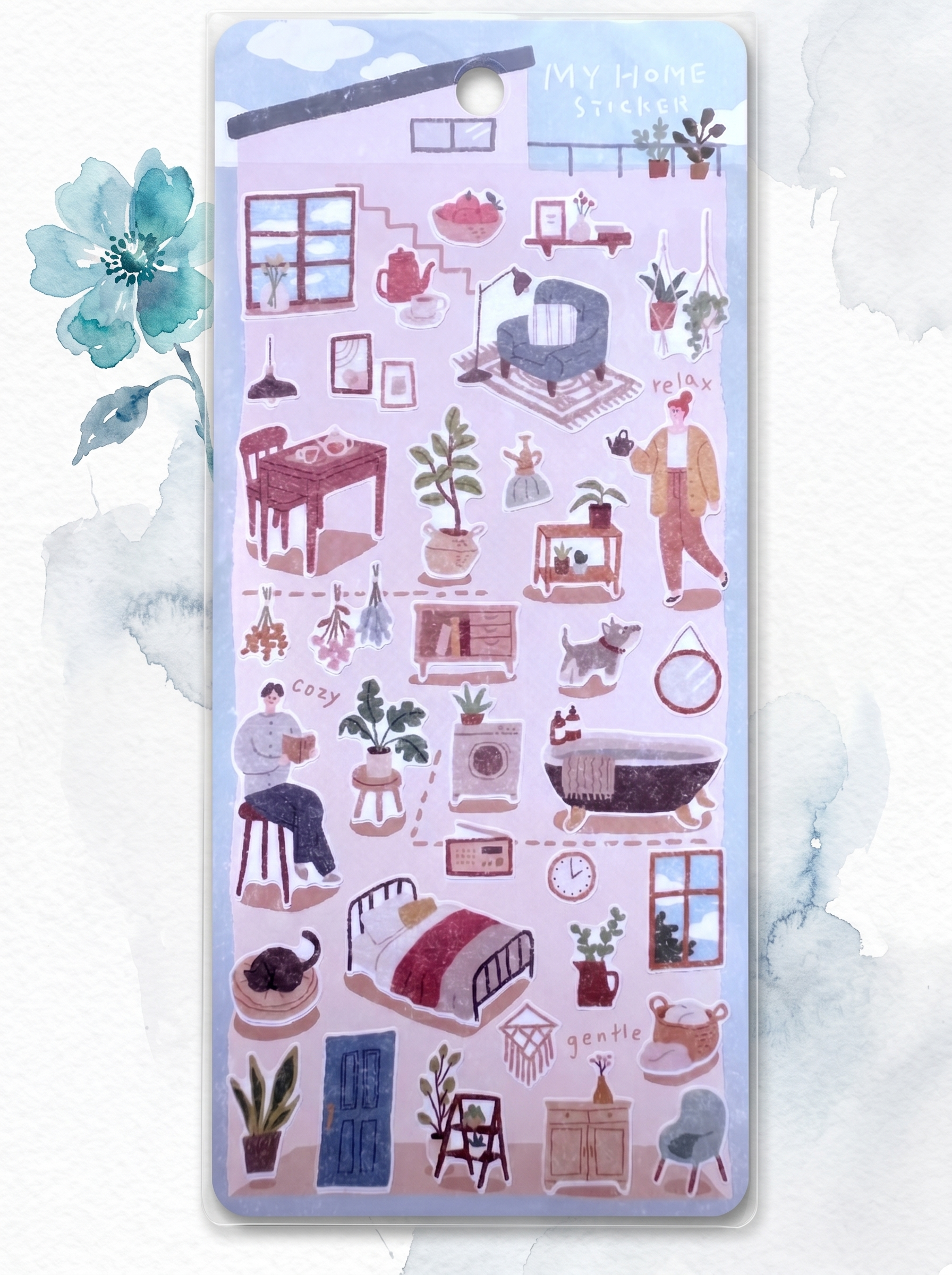Sticker sheet with illustrations of daily life scenes on a white background