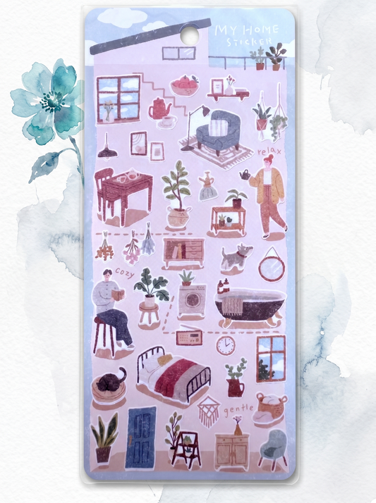 Sticker sheet with illustrations of daily life scenes on a white background