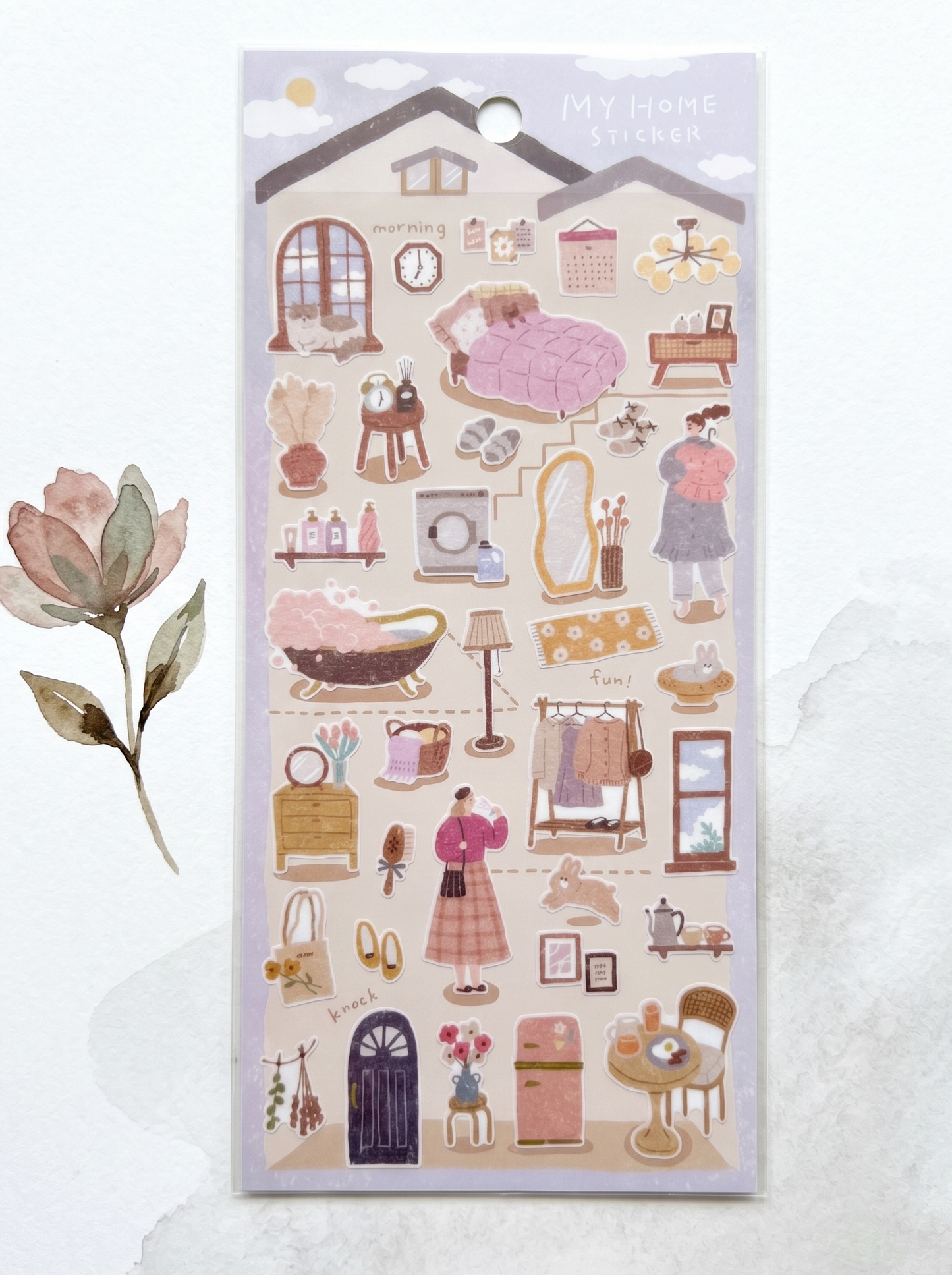 Pack of stickers with home items, illustrated with watercolour element
