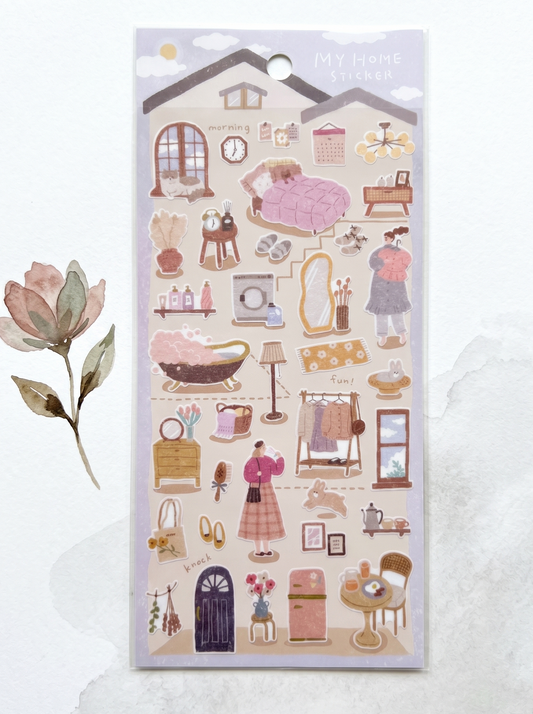 Pack of stickers with home items, illustrated with watercolour element