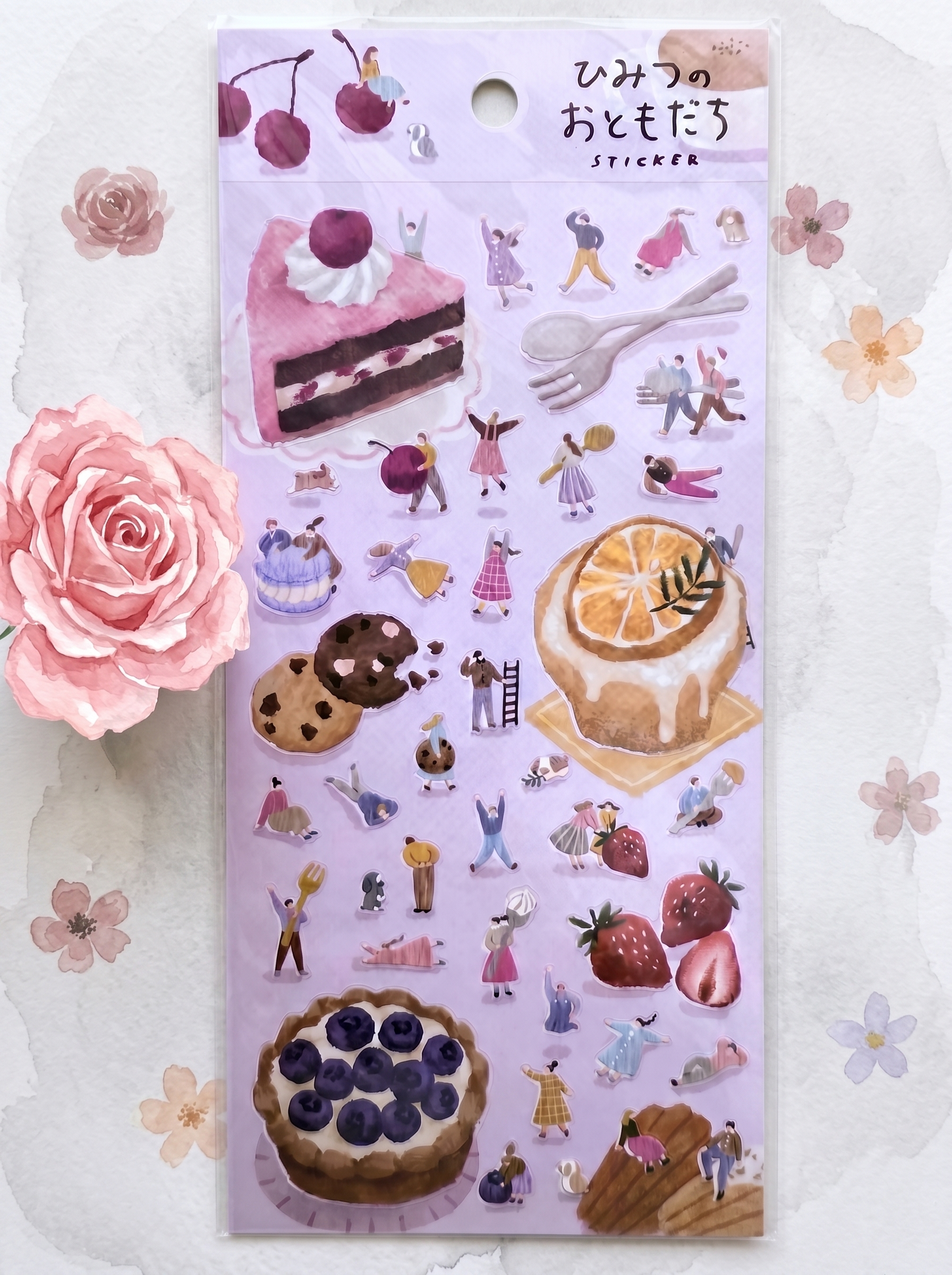 Sticker sheet with illustrations of desserts and people on a white background with flowers.