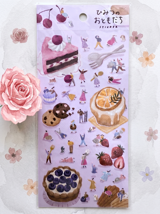 Sticker sheet with illustrations of desserts and people on a white background with flowers.