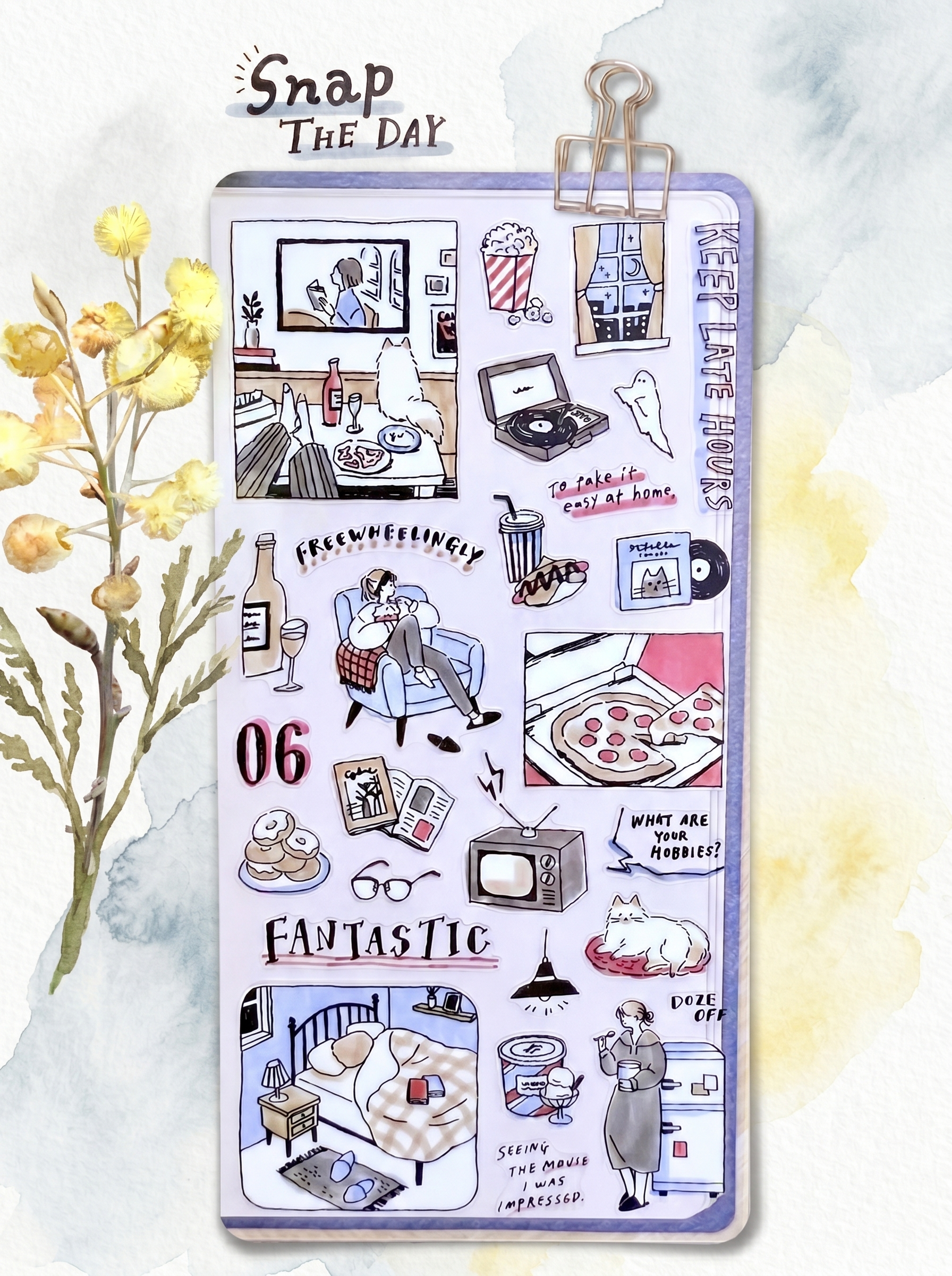 Sticker sheet with various illustrations and text on a white background with flowers.