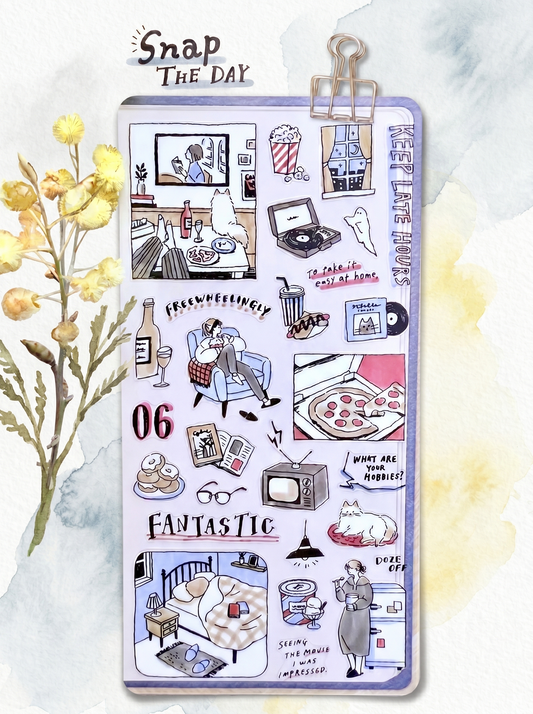 Sticker sheet with various illustrations and text on a white background with flowers.