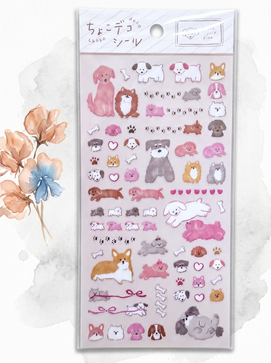 Sheet of decorative stickers with dog illustrations on a white background