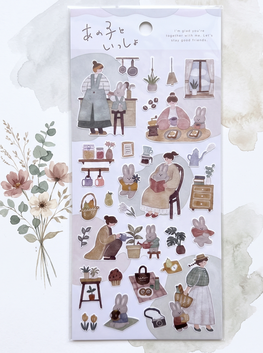 Sticker sheet with illustrations of a woman and various objects on a white background