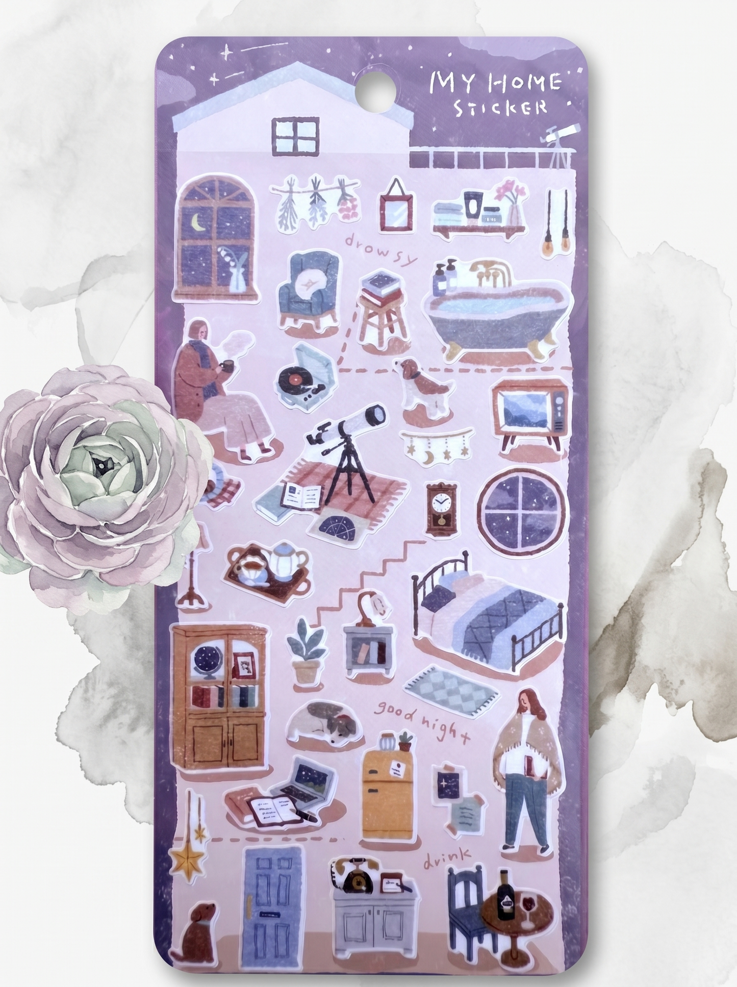 Set of 'My Home' themed stickers on a purple card with decorative elements.