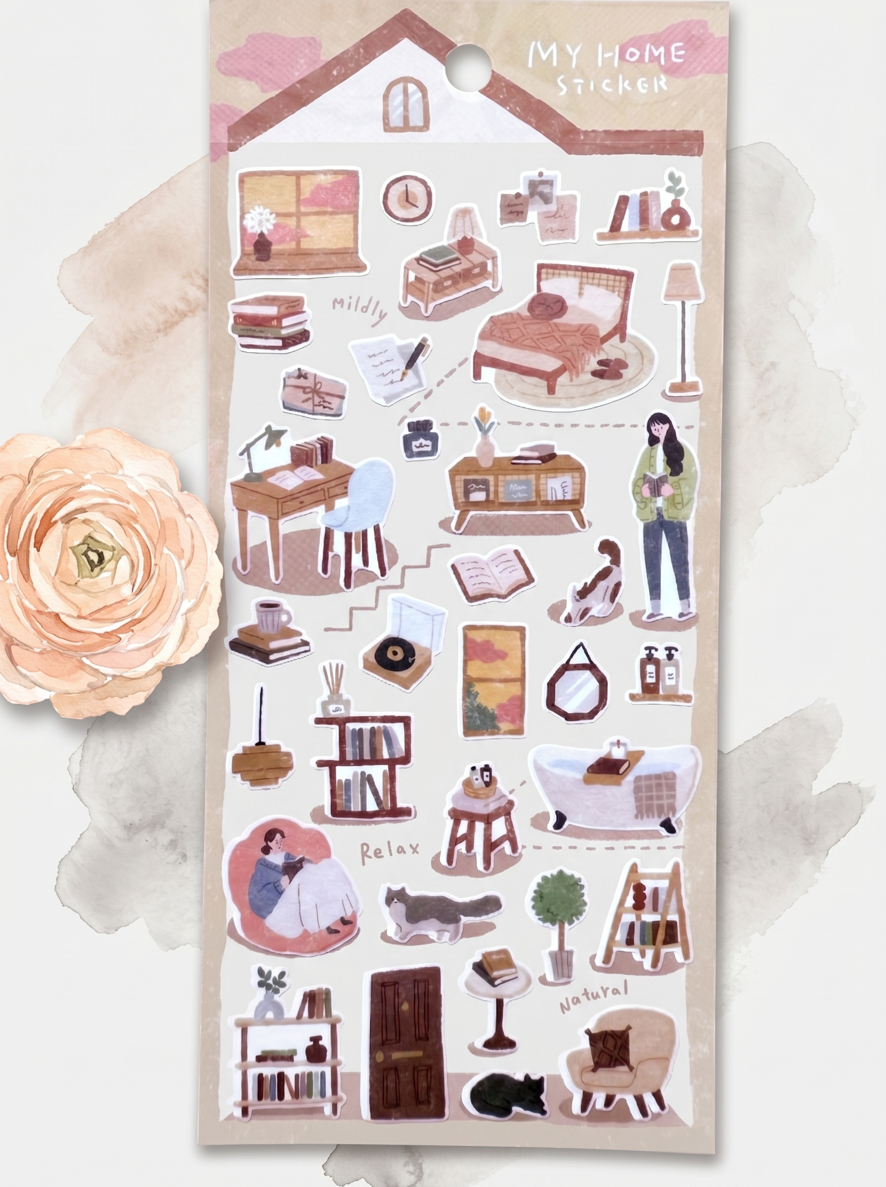 Sticker sheet with home interior illustrations and 'My Home' text, featuring a pink house design.