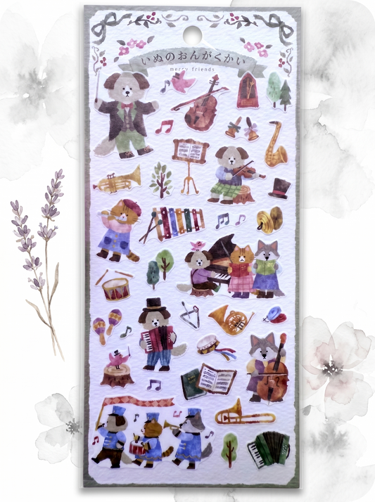 Sheet of decorative stickers featuring cartoon animals playing musical instruments on a white background.