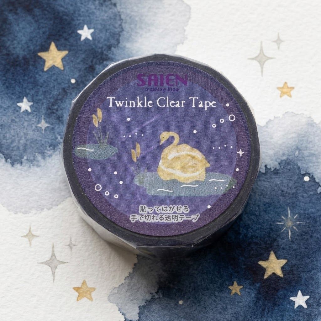 Twinkle clear tape with swan design on a starry night background