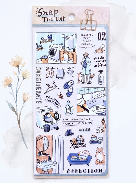 Set of stickers with illustrations of household chores scenes and a lady with a dog