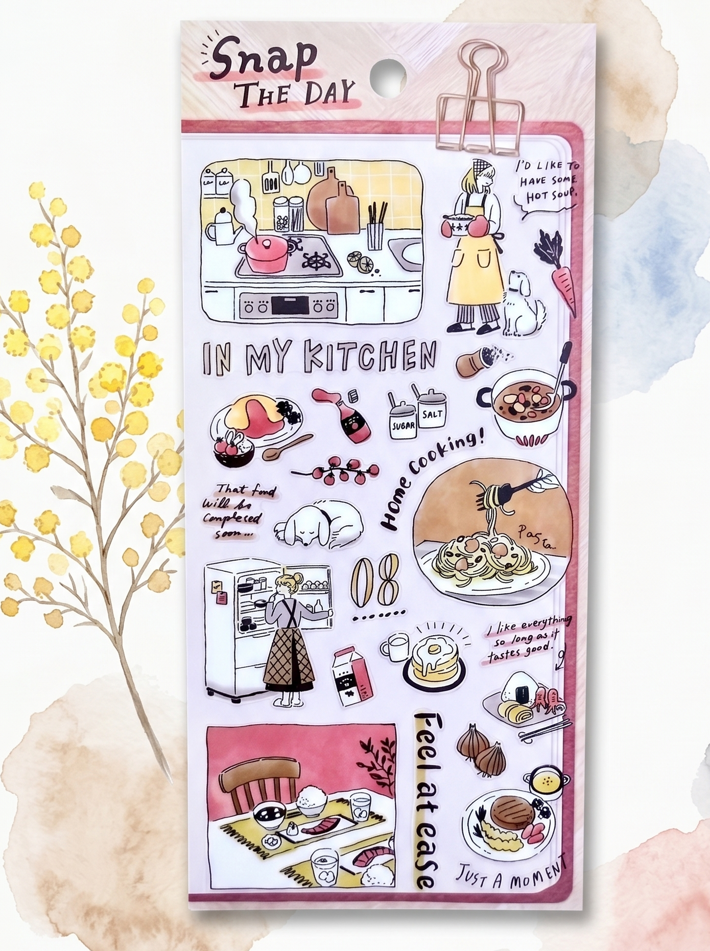 Sticker sheet with kitchen-themed designs on a white background