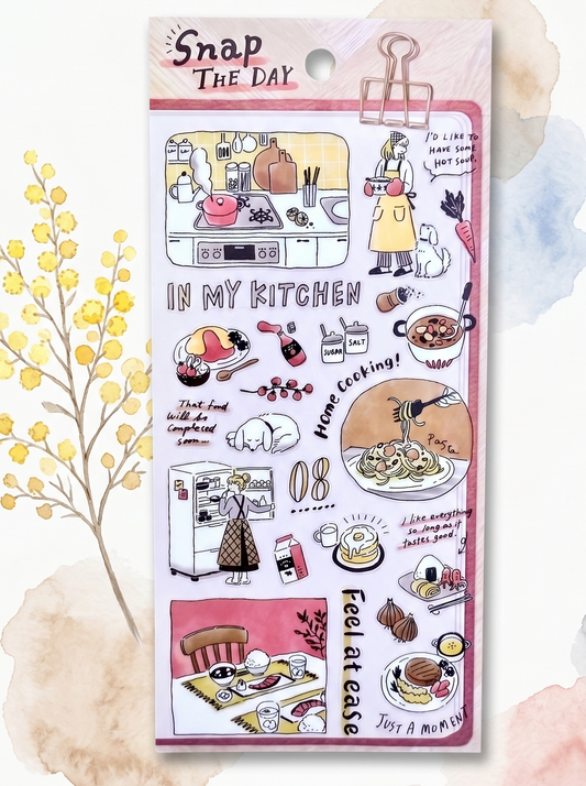 Sticker sheet with kitchen-themed designs on a white background